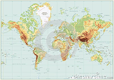 Detailed Physical World Map Retro Colors. No bathymetry Vector Illustration