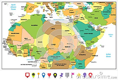 Detailed political map of Northern Africa and the Middle East an Vector Illustration