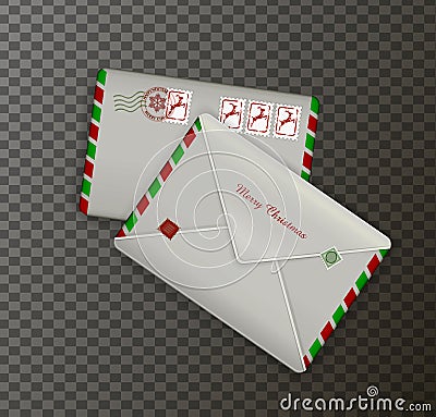 Detailed realistic Christmas mail envelopes, holiday mail, Vector Illustration