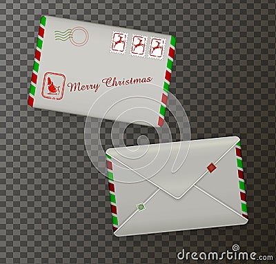 Detailed realistic Christmas mail envelopes, holiday mail, Vector Illustration