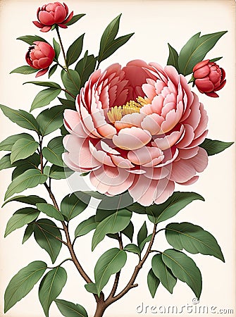 Detailed realistic watercolor peony flower. Floral illustration for web or printed products Cartoon Illustration