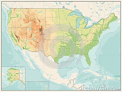 Detailed Relief map of USA. Retro color Vector Illustration