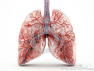 Detailed rendering of human lungs on a white background. Alveoli, capillaries, blood vessels and the main respiratory Stock Photo