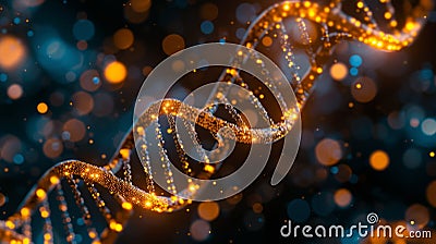 A detailed representation of DNA strands, emphasizing their helical structure. The play of lights adds depth and complexity, Stock Photo