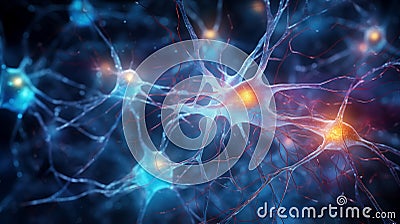 Detailed representation of the neural network of the brain. Glowing brain neurons, neural activity. Brain function, learning and Stock Photo