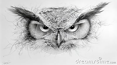 A detailed representation of an owl features sharp, piercing eyes and intricate feather patterns, creating a captivating Stock Photo