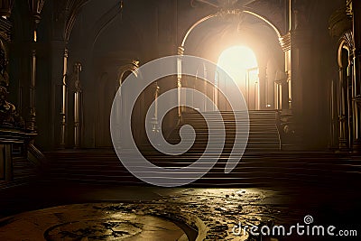 Detailed rich golden palace with sun streak in cinematic style, created with Generative AI technology Stock Photo