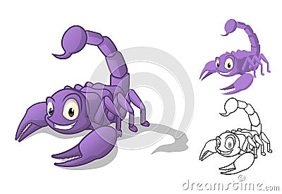 Detailed Scorpion Cartoon Character with Flat Design and Line Art Black and White Version Vector Illustration