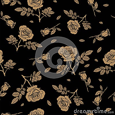 Detailed seamless pattern with golden rose in black background. Romantic, vintage, luxurious style for Valentine`s, wedding Stock Photo