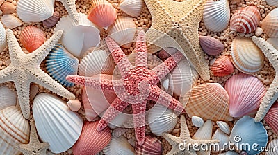 Detailed seashell backdrop texture. A close-up of coral, starfish, and colorful seashells in various forms Stock Photo