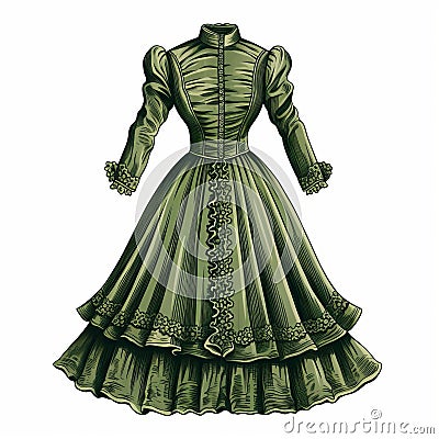 Detailed Shading And Futuristic Victorian: An Old Fashioned Green Dress Cartoon Illustration