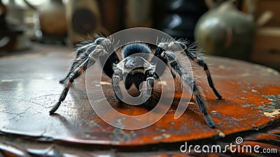 Close-up of a toy spider resting on a table, its faux features intricate, Ai Generated Stock Photo