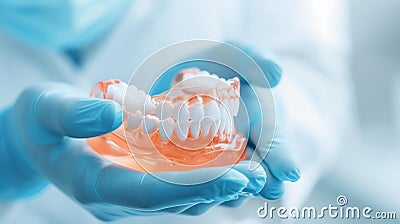 Detailed shot Dentists hands holding human jaw model in dental office Stock Photo