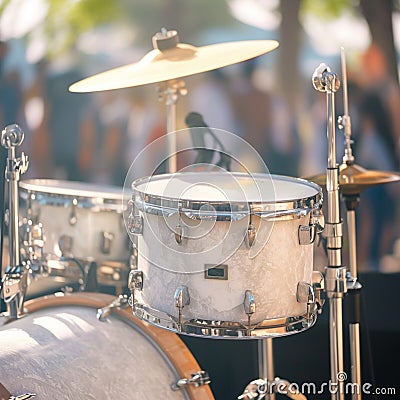 Detailed shot drum kit at summer outdoor rock party Stock Photo