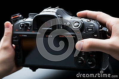 Detailed shot of a hand activating a black digital camera with a button press Stock Photo