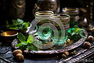 detailed shot of ornate moroccan tea glasses filled with mint tea Stock Photo