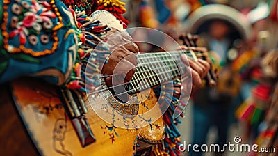 A detailed shot of a pair of hands playing a traditional folk instrument, with the focus on the fingers strumming the Stock Photo