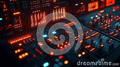 A detailed shot of a smart sensor integrated into machinery, with glowing icons showing how AI analyzes data to predict Stock Photo