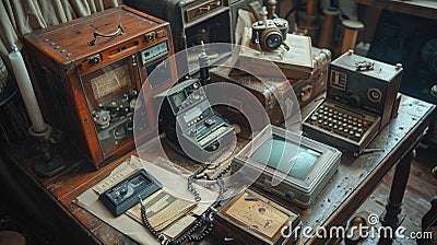 A detailed shot of a vintage ghost hunting equipment setup, including EMF meters and infrared cameras, laid out on an Stock Photo