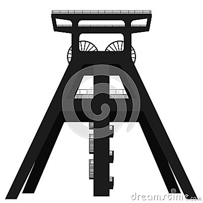 Detailed silhouette of a coal mine headframe isolated on a white background. Vector Illustration