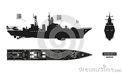 Detailed silhouette of military ship. Top, front and side view. Battleship model. Warship in flat style Vector Illustration