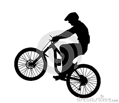 Detailed silhouette of mountain bike rider popping wheelie Vector Illustration