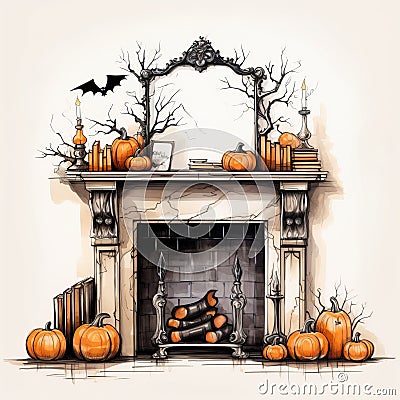 Detailed Sketch Of Halloween Fireplace Scene With Pumpkins Stock Photo