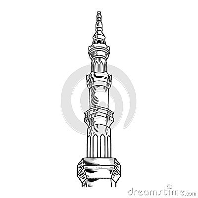 Detailed sketch of mosque tower for Ramadan Kareem isolated on white background. Happy Ramadan Mubarak free hand drawing Vector Illustration