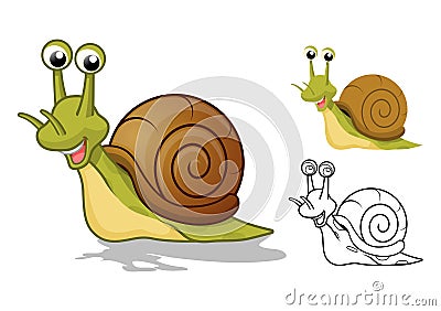 Detailed Snail Cartoon Character with Flat Design and Line Art Black and White Version Vector Illustration