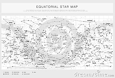 Detailed star map with names of stars, contellations and Messier objects, black and white vector Vector Illustration