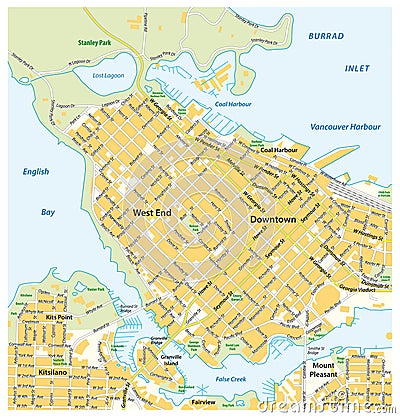Detailed street map of downtown Vancouver, British Columbia, Canada Vector Illustration