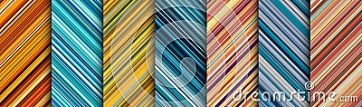 Detailed striped geometric patterns composed of big amount of thin blue and orange stripes Vector Illustration