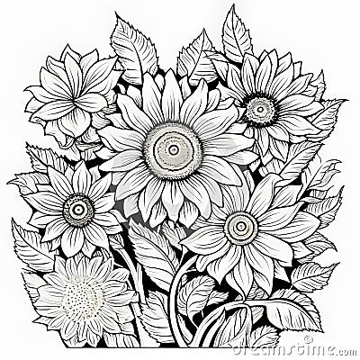 Detailed Sunflower Coloring Page In Black And White Stock Photo