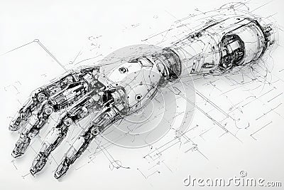 Technical sketch of a robotic arm design outlining functional features and components Stock Photo