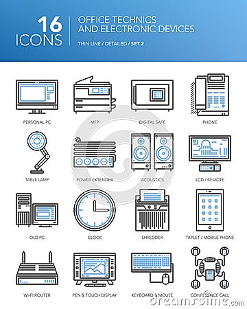 Detailed thin line icons. Office technics and electronic devices. Vector Illustration