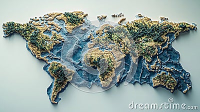 Detailed topographic world map showcasing geographical features and vegetation patterns in a three-dimensional design Stock Photo