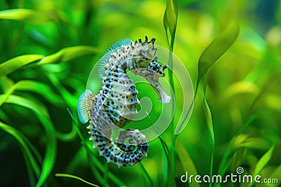 A detailed and up-close photograph of a sea horse amidst a lush field of grass, A beautifully patterned seahorse clinging to a Stock Photo