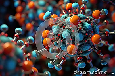 A detailed and up-close shot showcasing the colors and textures of an orange and blue substance, Vibrant nanotechnology atoms Stock Photo