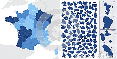 Detailed, vector, blue map of France with administrative divisions into regions and departments, metropolis and overseas Vector Illustration