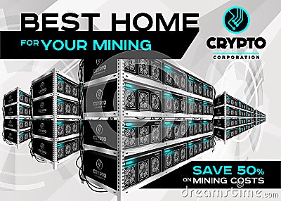 Detailed Vector Illustration of Bitcoin Mining Farm in Perspective. Racks of Mining Machines at Server Farm. Vector Illustration