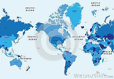 Detailed vector illustration world political map centered by America Vector Illustration