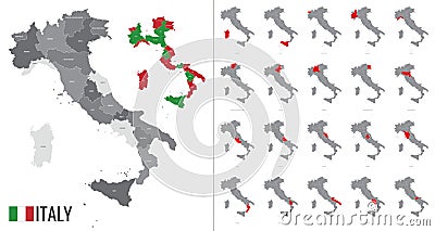 Detailed vector map of Italy regions with country flag Vector Illustration