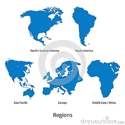 Detailed vector map of North - Central America, Asia Pacific, Europe, South America, Middle and East Africa Regions Vector Illustration