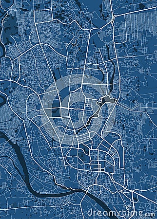 Detailed vector map poster of Dhaka city, linear print map. Blue skyline urban panorama Vector Illustration