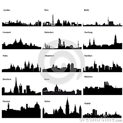 Detailed vector silhouettes of European cities Vector Illustration