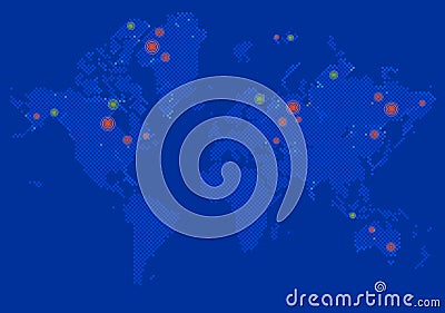 Detailed vector World map of blue colors on dark background. Unfolded planet with colorful marks Vector Illustration