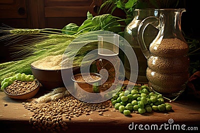 detailed view of beer ingredients: hops, malt, barley Stock Photo