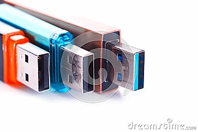 Detailed view of a black USB flash drive with a silver-blue connector. Photo on a white background Stock Photo