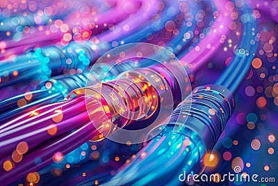 Detailed view of a bundle of colorful network cables used during data transmission. Generative AI Stock Photo