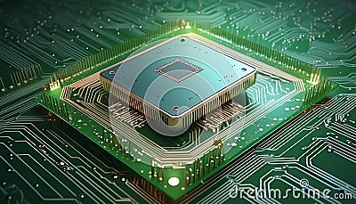 A detailed view of a CPU on a green circuit board, symbolizing technology and computation Stock Photo